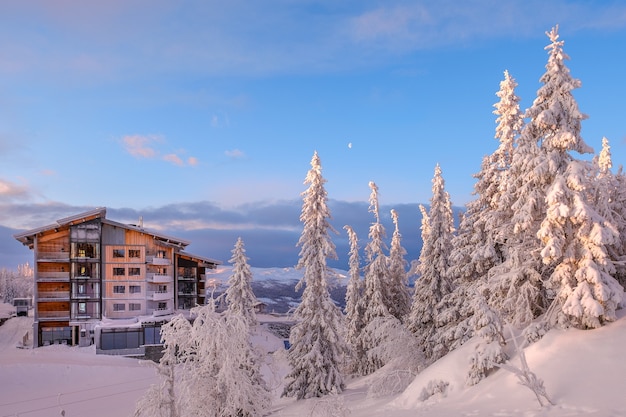 Beautiful shot of a residential building in a snow land