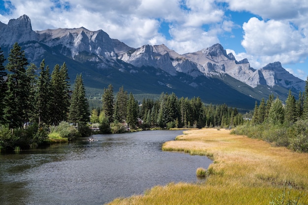 Free Photo beautiful shot of a river through the village surrounded by hills, mountains and greenery