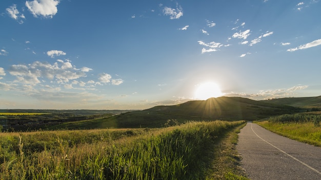 Beautiful shot of a road near grass and mountains with a clear sky