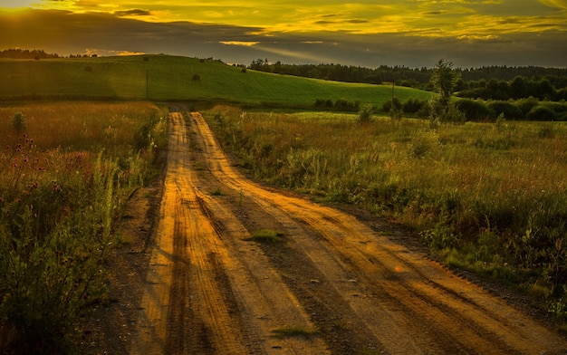 Beautiful shot of a road through the field during the stunning sunset