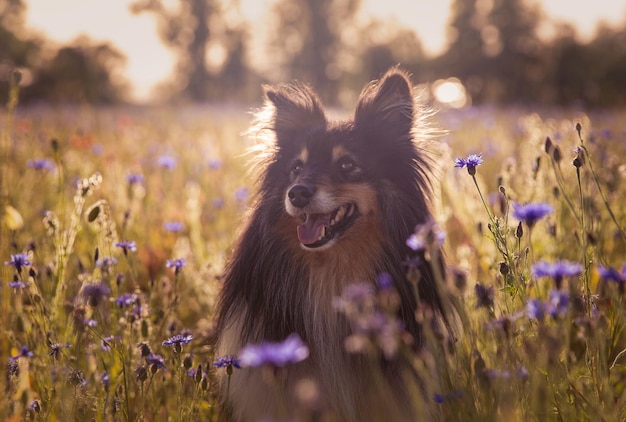 Beautiful shot of a Shetland Sheepdog in a field full fo purple flowers