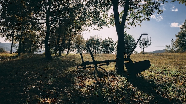 Free photo beautiful shot of a silhouette of a construction on wheels parked next to a tree in a rural field