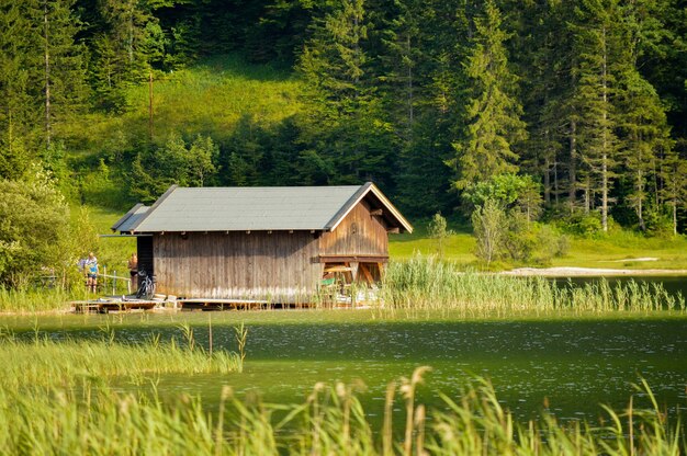 Beautiful shot of the small wooden house among green trees and along the lake