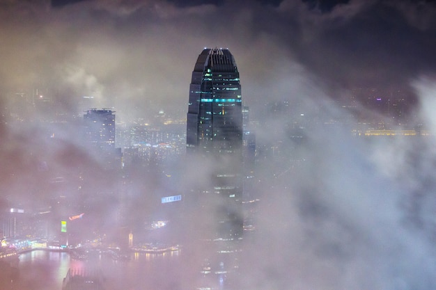 Free Photo beautiful shot of tall city buildings under a cloudy sky at night