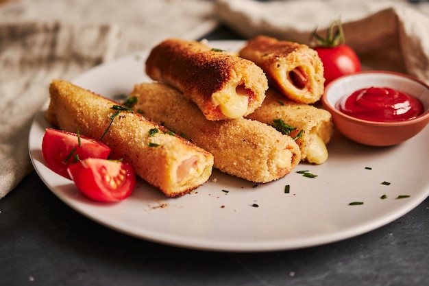 Beautiful shot of toast rolls with ham and cheese and tomatoes and ketchup on a white plate