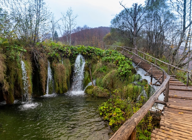 Free photo beautiful shot of wooden bridge of plitvice lakes national park in croatia