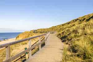 Free photo beautiful shot of a wooden path in hills at the shore of the ocean in sylt island in germany