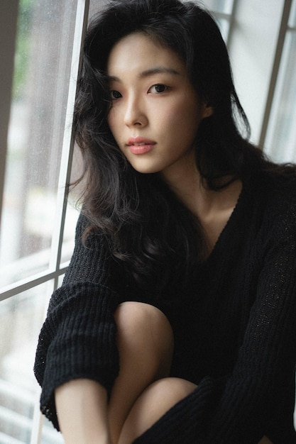 Beautiful South Korean female sitting on the windowsill