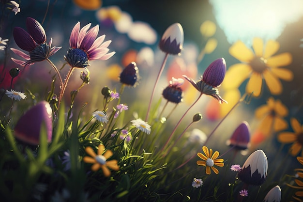 Beautiful spring flowers in the meadow at sunset Nature background