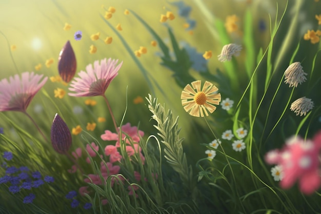 Free Photo beautiful spring meadow with wild flowers