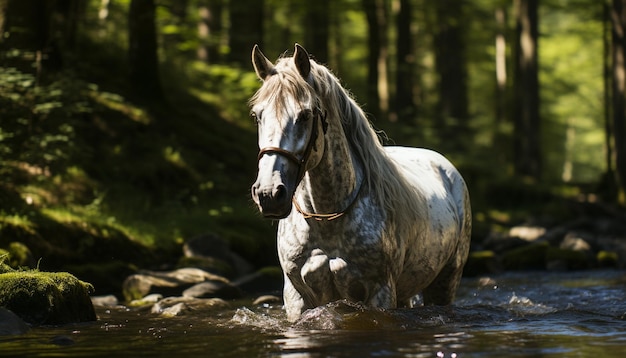 A beautiful stallion grazes in a tranquil meadow showcasing nature beauty generated by artificial intelligence