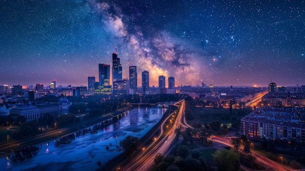 Free photo beautiful starry sky over town