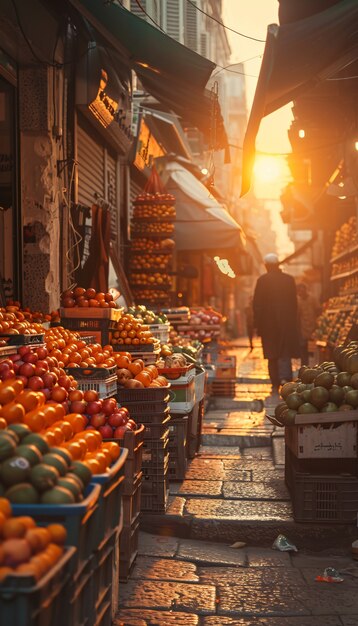 Beautiful street market at sunset