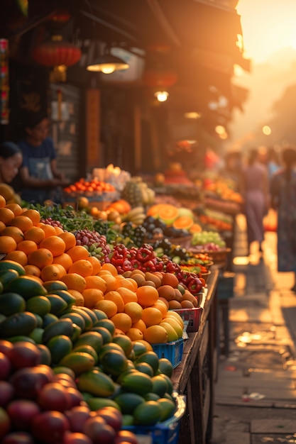 Beautiful street market at sunset