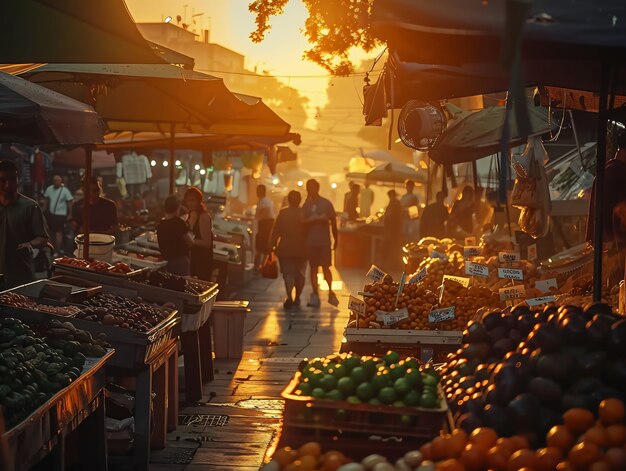 Beautiful street market at sunset