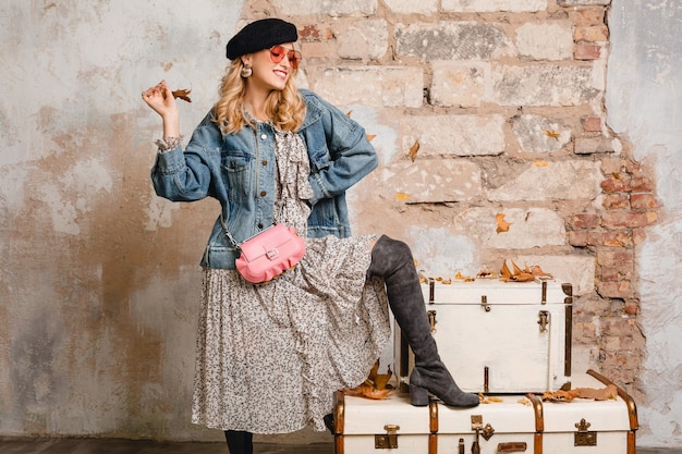 Free photo beautiful stylish blonde woman in jeans and oversize jacket posing against wall in street