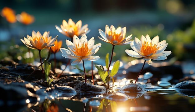 Free photo beautiful summer meadow with colorful flowers and tranquil water reflection generated by artificial intellingence