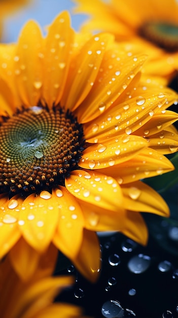 Beautiful sunflower with water drops