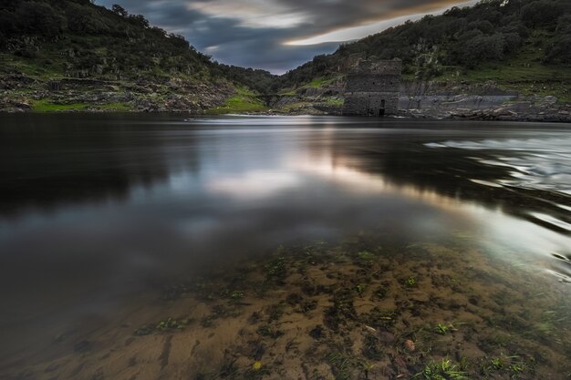 Beautiful sunset landscape on the bank of the Alagon River in Spain