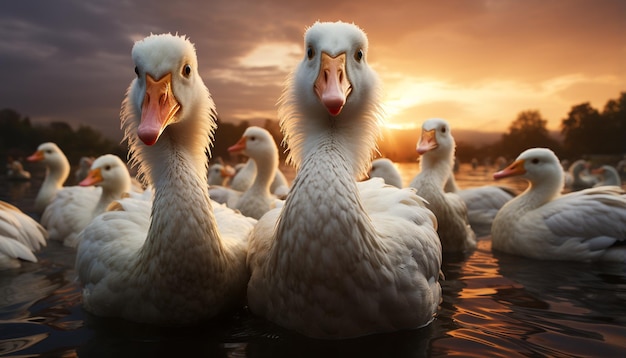 Free Photo a beautiful sunset reflects on the water as ducks fly generated by artificial intelligence