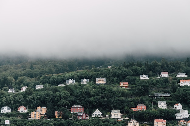 Free photo beautiful symmetric shot of colorful houses on a foggy hill