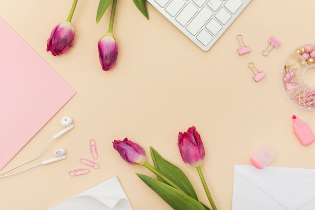 Free Photo beautiful tulips and stationery