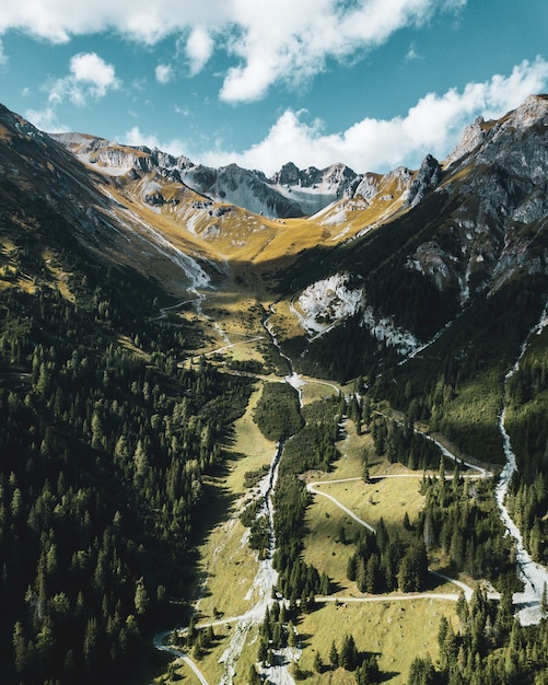 Free photo beautiful vertical shot of forests, mountains, and the cloudy sky