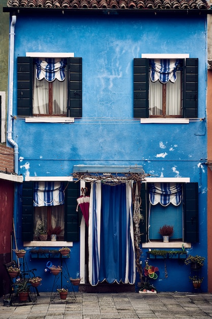 Beautiful vertical symmetric shot of a suburban blue building with plants in pots