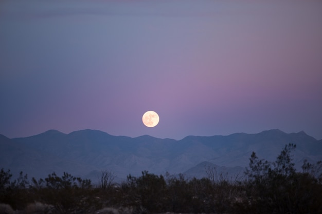 Free Photo beautiful view of a full moon in the evening above the silhouettes of the mountains and greenery