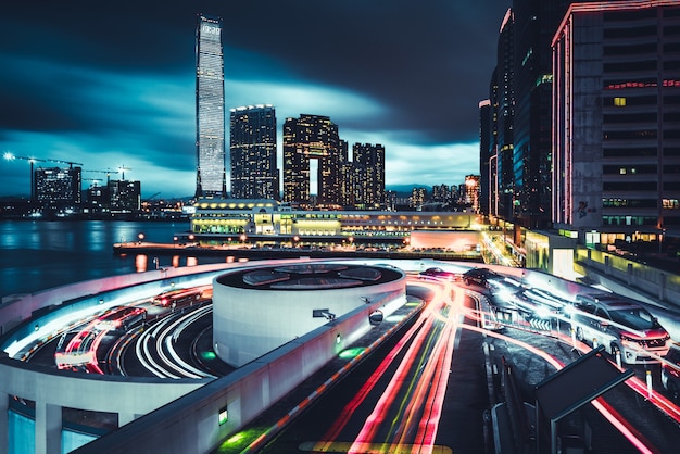 Free Photo beautiful view of honk kong city with roads and long exposure lights at night