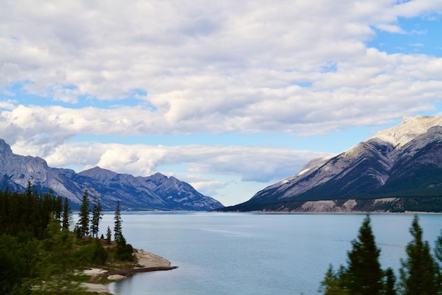 Beautiful view of the lake and the mountains in the background in Jasper national park Canada