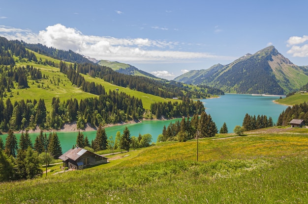 Free Photo beautiful view of a lake surrounded by mountains in longrin lake and dam switzerland, swissalps