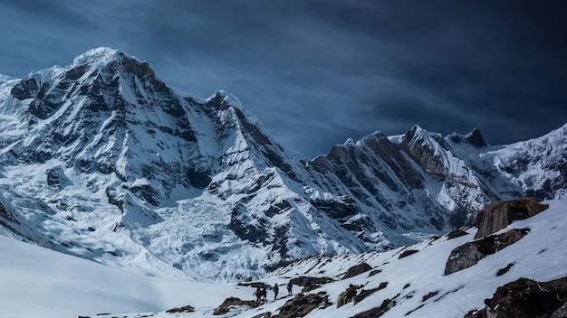 Beautiful view of the mountains covered in snow in Annapurna Conservation Area, Chhusang, Nepal