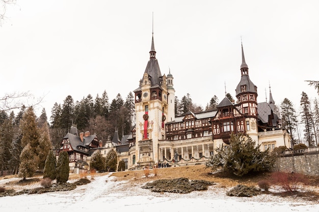 Beautiful view of peles castle in Sinaia, Romania. Mediaval castle