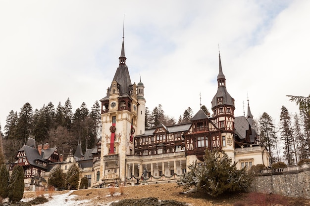 Beautiful view of peles castle in Sinaia, Romania. Mediaval castle