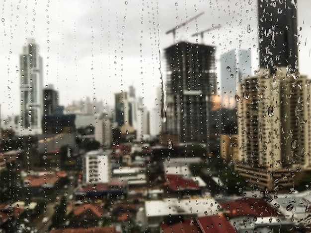 Free Photo beautiful view of the raindrops rolling down the window and the skyscrapers in the surface