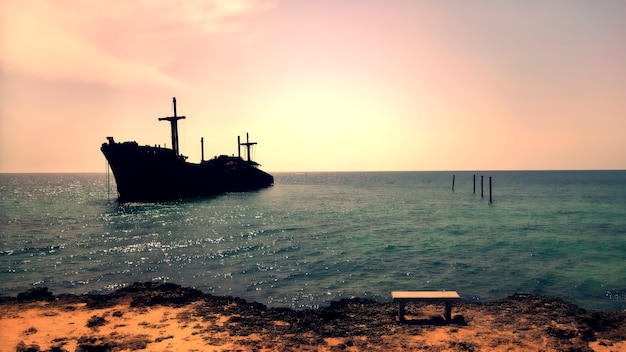 Beautiful view of the remaining of the Greek Ship by the beach in Kish Island, Persian Gulf, Iran