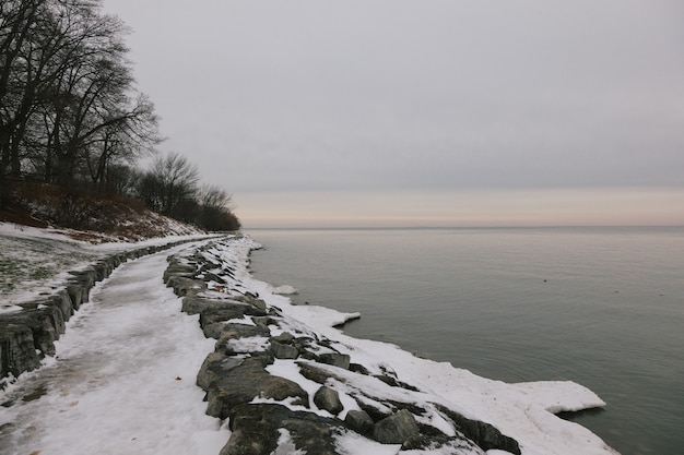 Beautiful view of the snow and trees in the shore near the calm lake