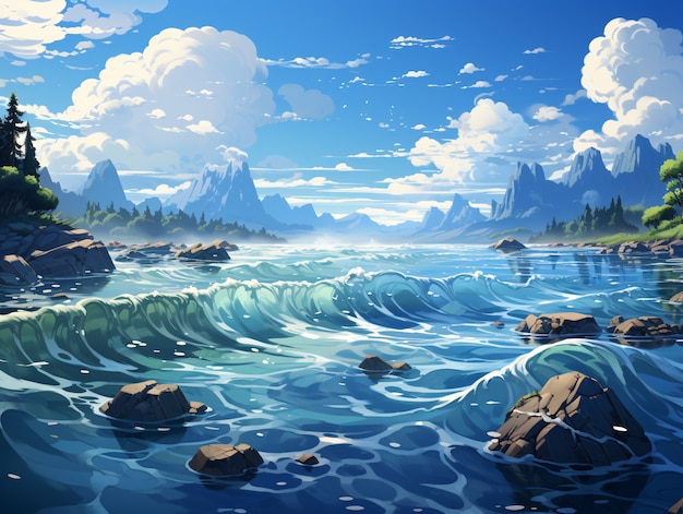 Beautiful water view in anime style