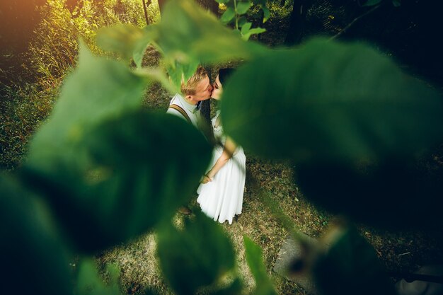 Beautiful wedding couple posing in a forest