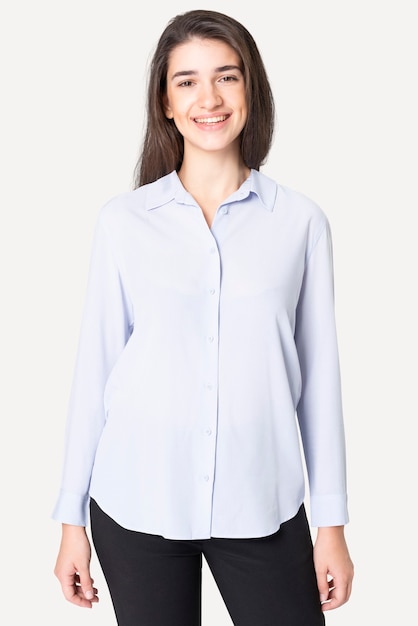 Free Photo beautiful woman wearing blue shirt apparel studio shoot