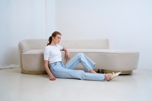 Beautiful woman wearing minimalist shirt