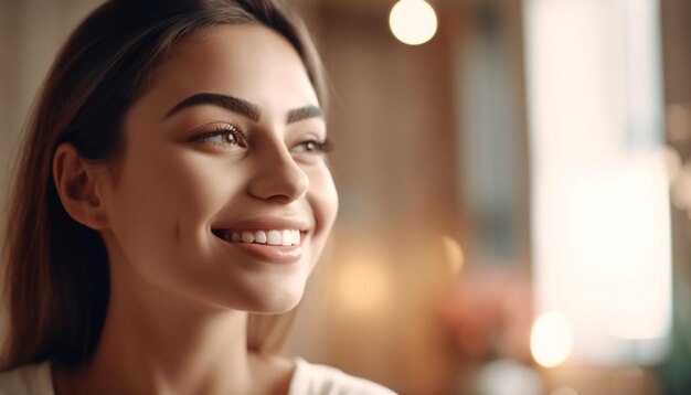 Beautiful woman with brown hair smiling happily generated by AI