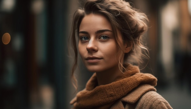 Beautiful woman with brown hair smiling outdoors generated by AI