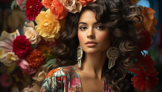 Beautiful woman with curly hair and a flower in her hair generated by artificial intellingence