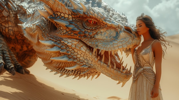 Free photo beautiful woman with dragon fantasy scene