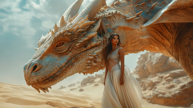 Free Photo beautiful woman with dragon fantasy scene