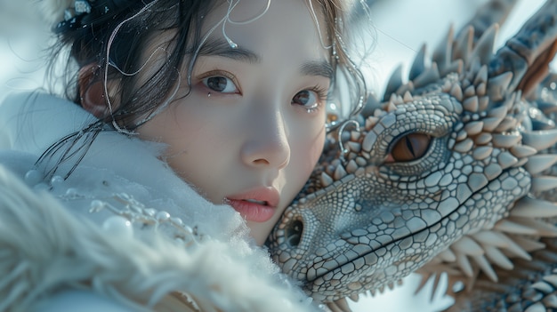 Free photo beautiful woman with dragon fantasy scene