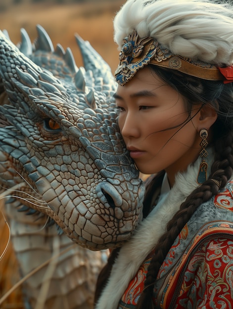 Free photo beautiful woman with dragon fantasy scene