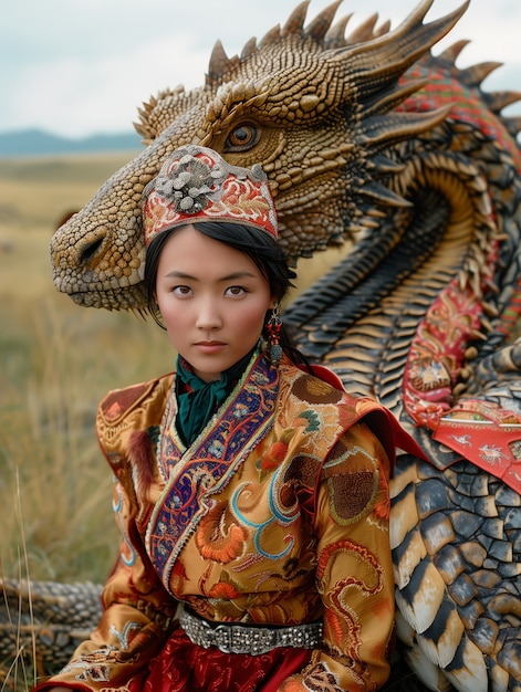 Free photo beautiful woman with dragon fantasy scene